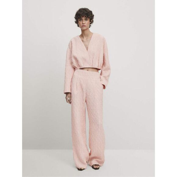 NEW Massimo Dutti Women's Pink Wide-Leg Textured Pants XS Casual NWT - Picture 1 of 9